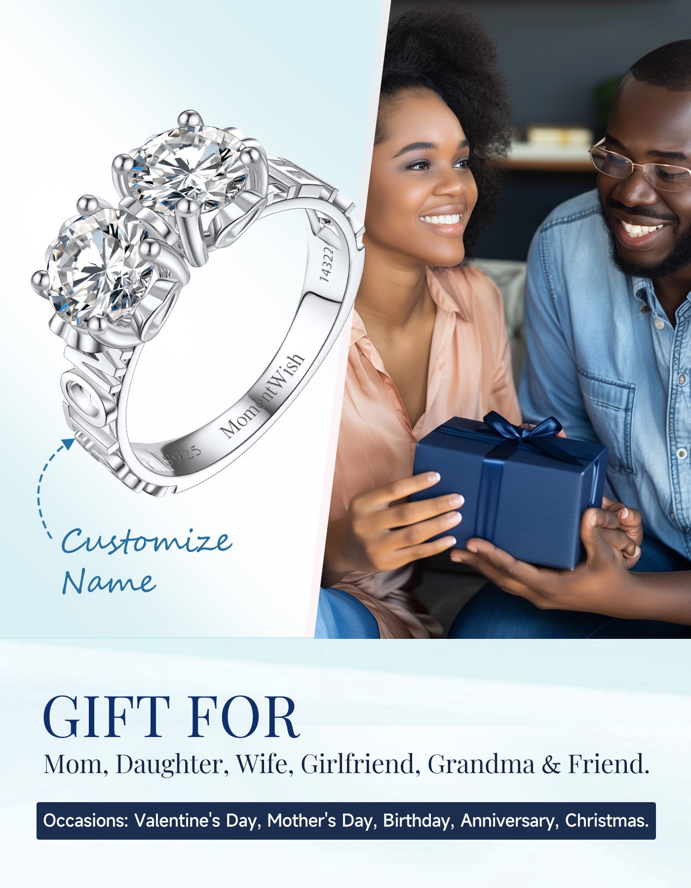 MomentWish Custom 3D Name Moissanite Engagement Ring for Women