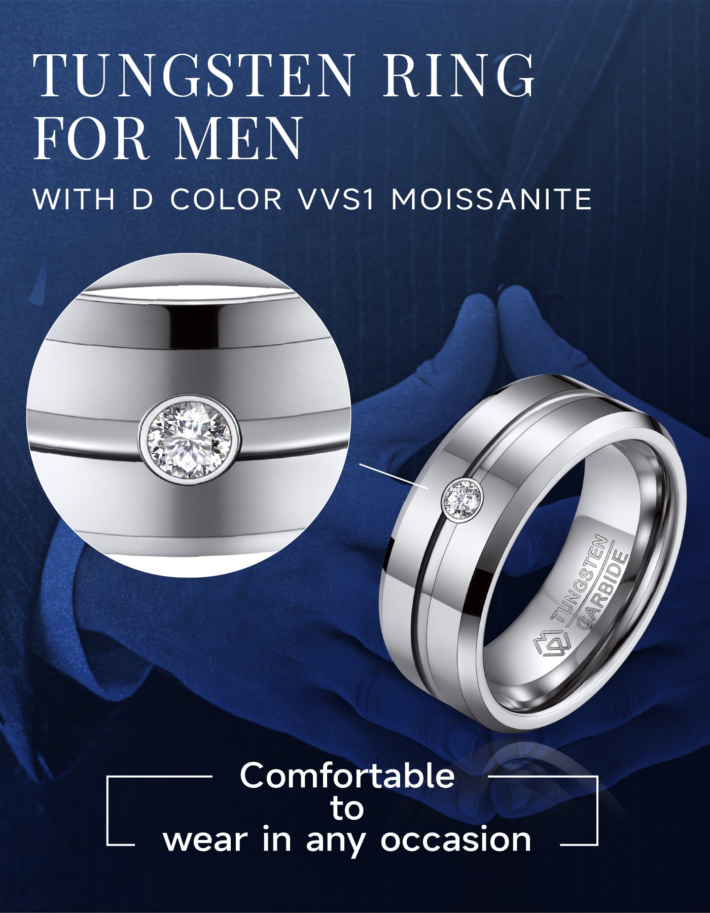 Tungsten Carbide Wedding Band Ring with Moissanite For Men