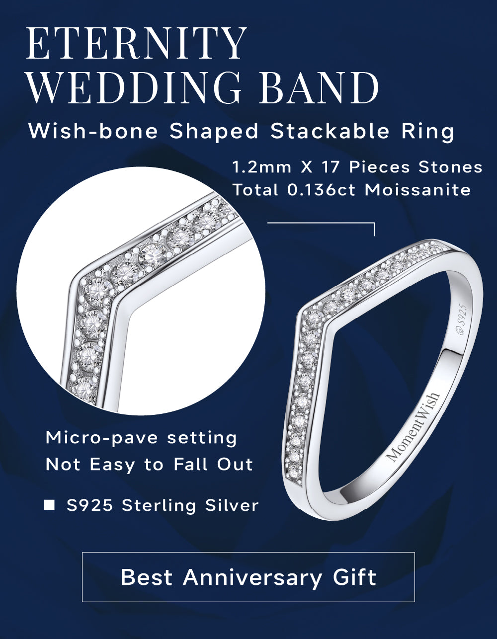 Momentwish Moissanite Curved Wedding Ring in S925 Silver