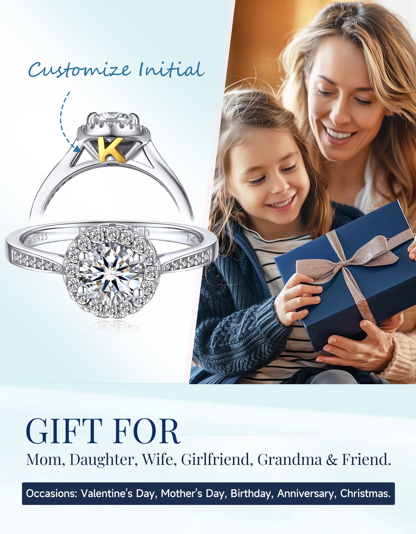 MomentWish Custom Moissanite Halo Ring For Engagement Wedding