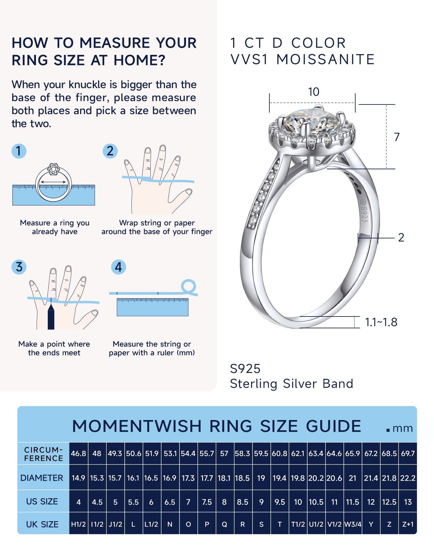 MomentWish Silver Moissanite Halo Ring For Engagement Wedding for Women