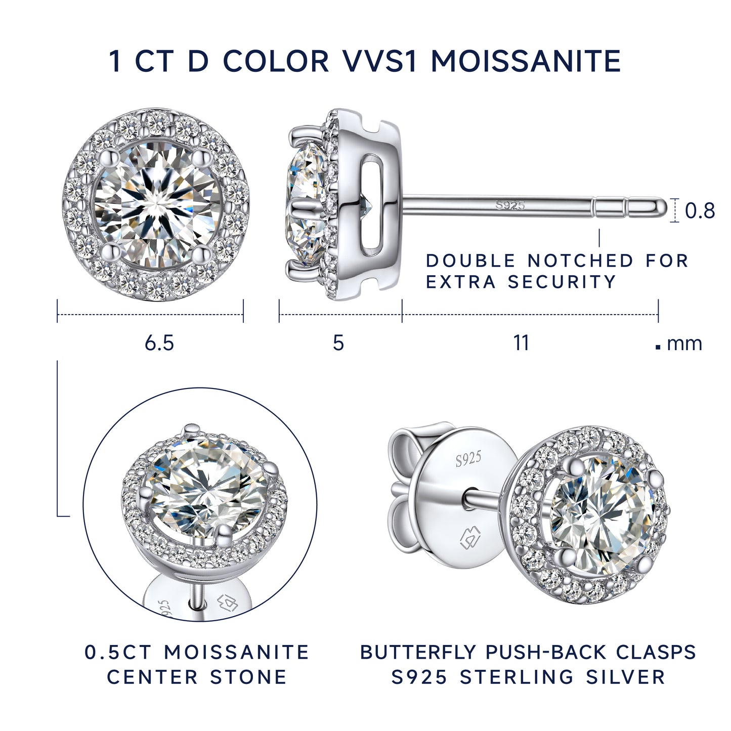 MomentWish Halo Moissanite Stud Earrings For Women