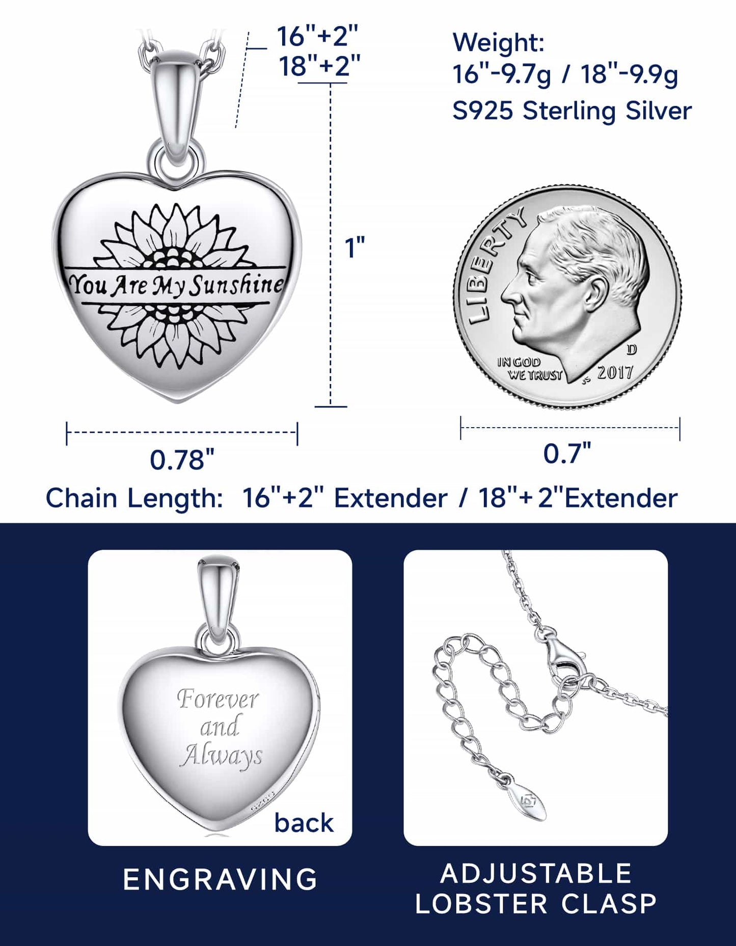 Sterling Silver Heart Photo Locket Necklace with Picture for Women