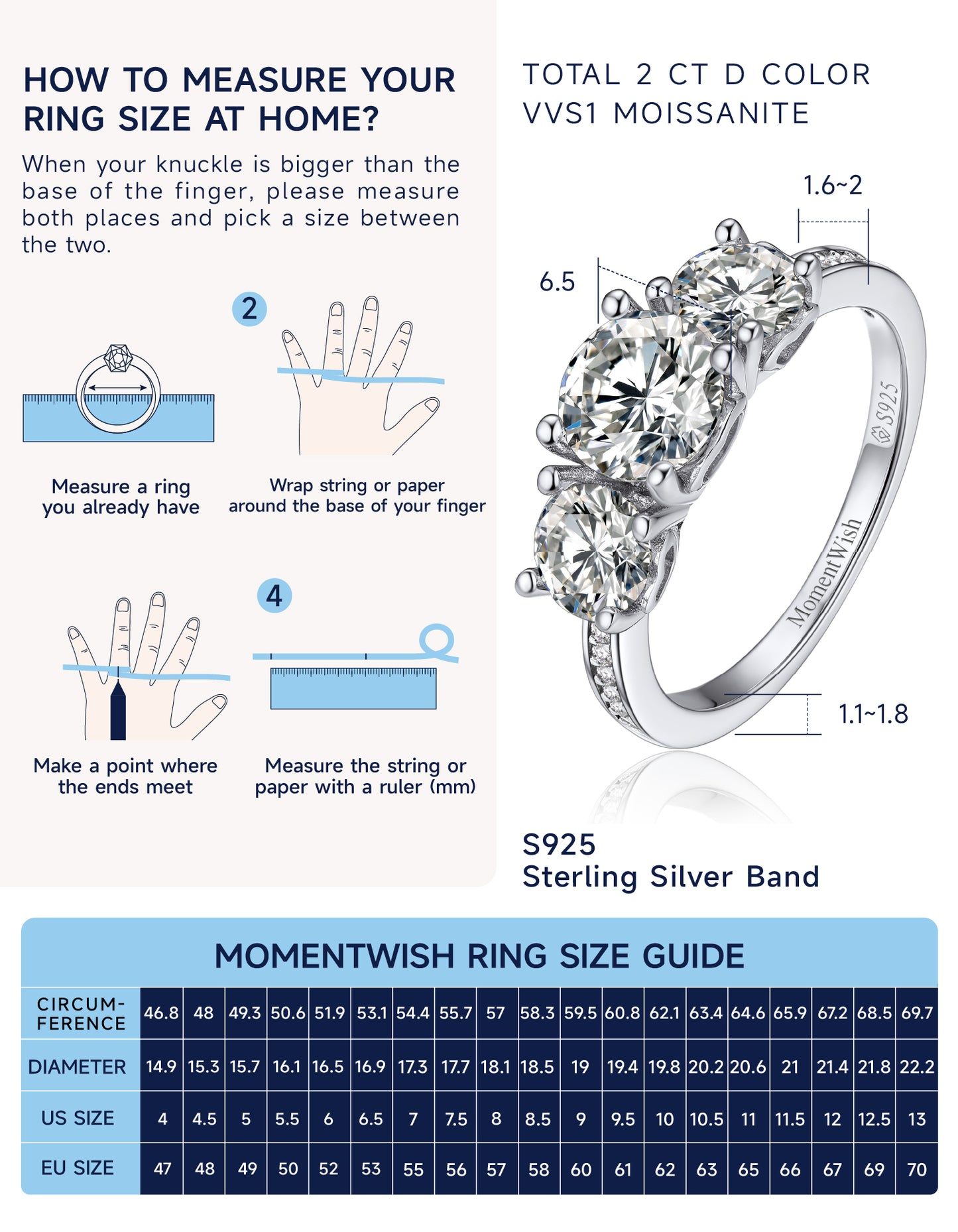 MomentWish 3 Stone Moissanite Engagement Ring For Women