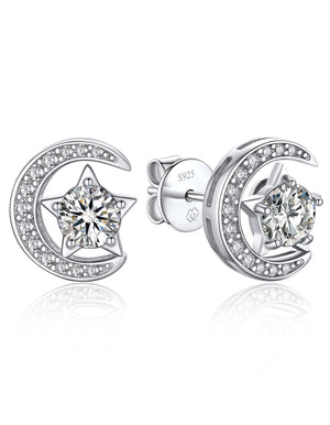 MomentWish Crescent Moon Star Stud Earrings With Moissanite