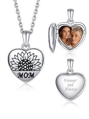 MomentWish Customized Sunflower Heart Locket Necklace with Picture Inside for Mom