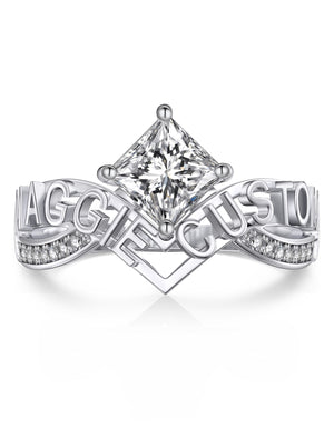 MomentWish Princess Cut Moissanite Ring Custom Name Engagement Ring