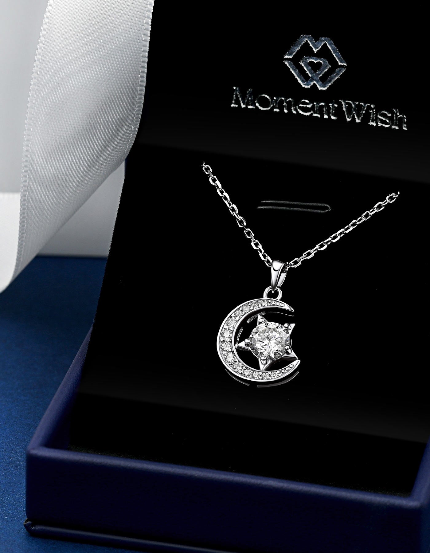 MomentWish Silver Crescent Moon Star Necklace