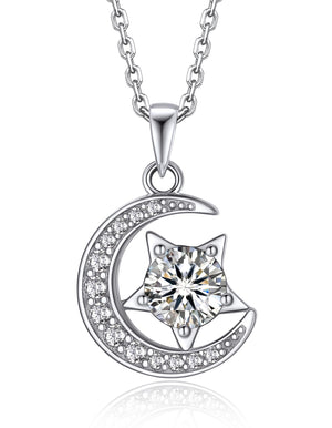 MomentWish Sterling Silver Crescent Moon Star Necklace With Moissanite