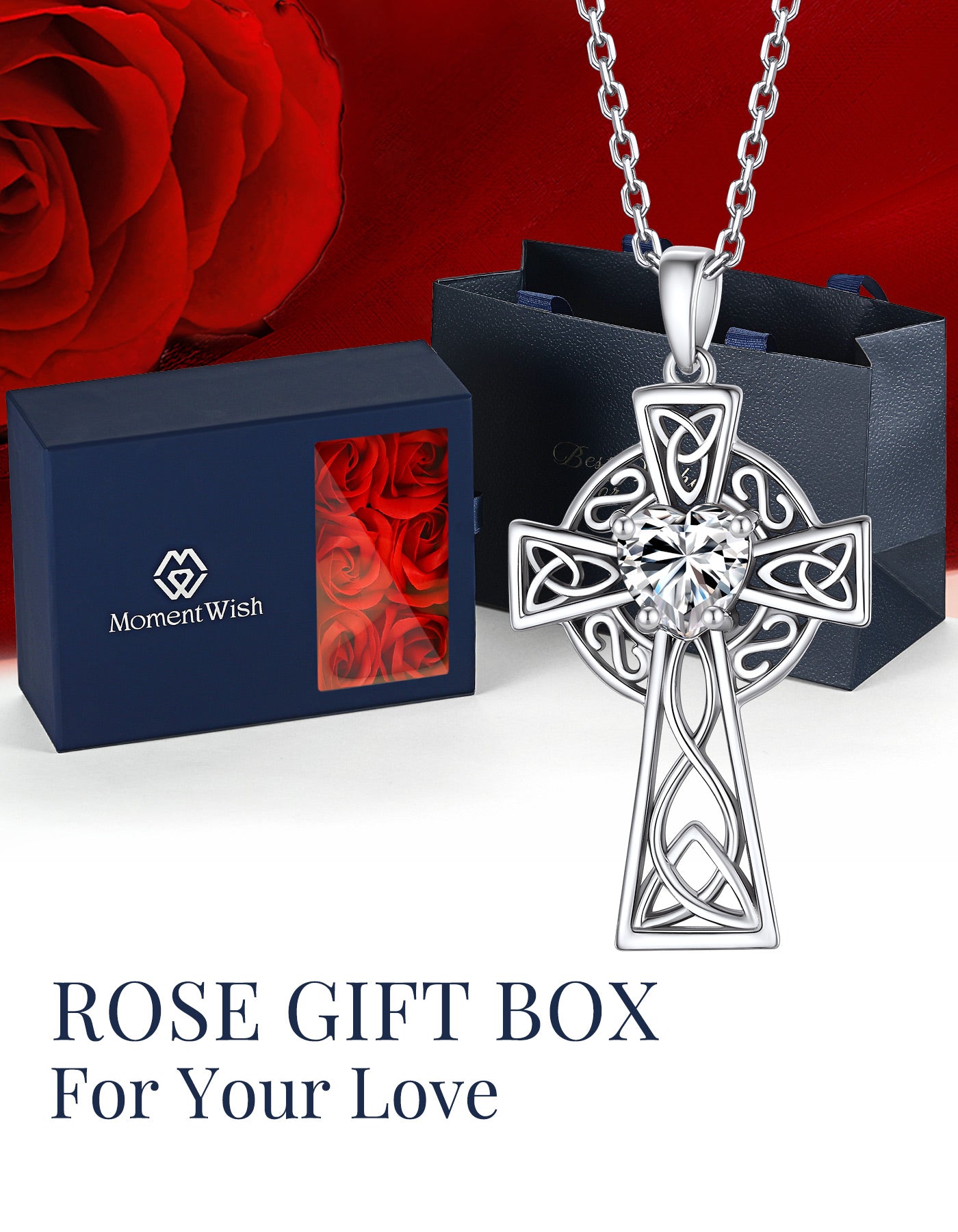 Momentwish Celtic Cross Necklace with Heart Moissanite in 925 Silver