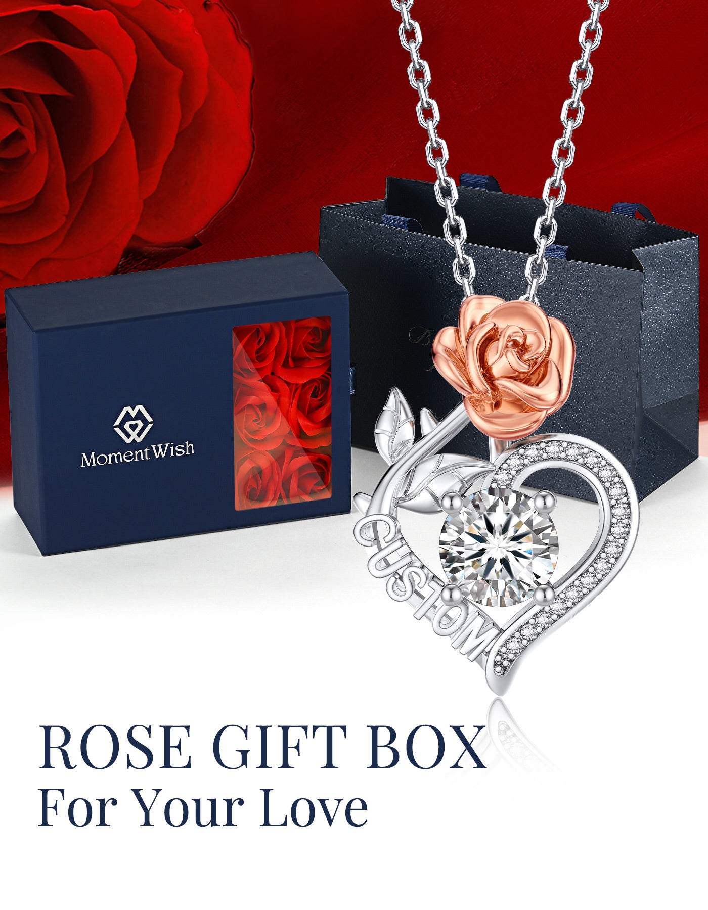 Cutomized Rose Heart Necklace with Moissanite for Women