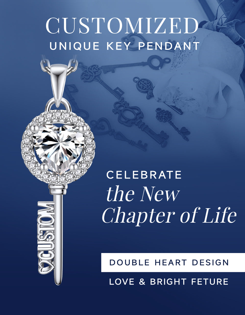 MomentWish Custom Name Moissanite Heart Key Pendant Necklace