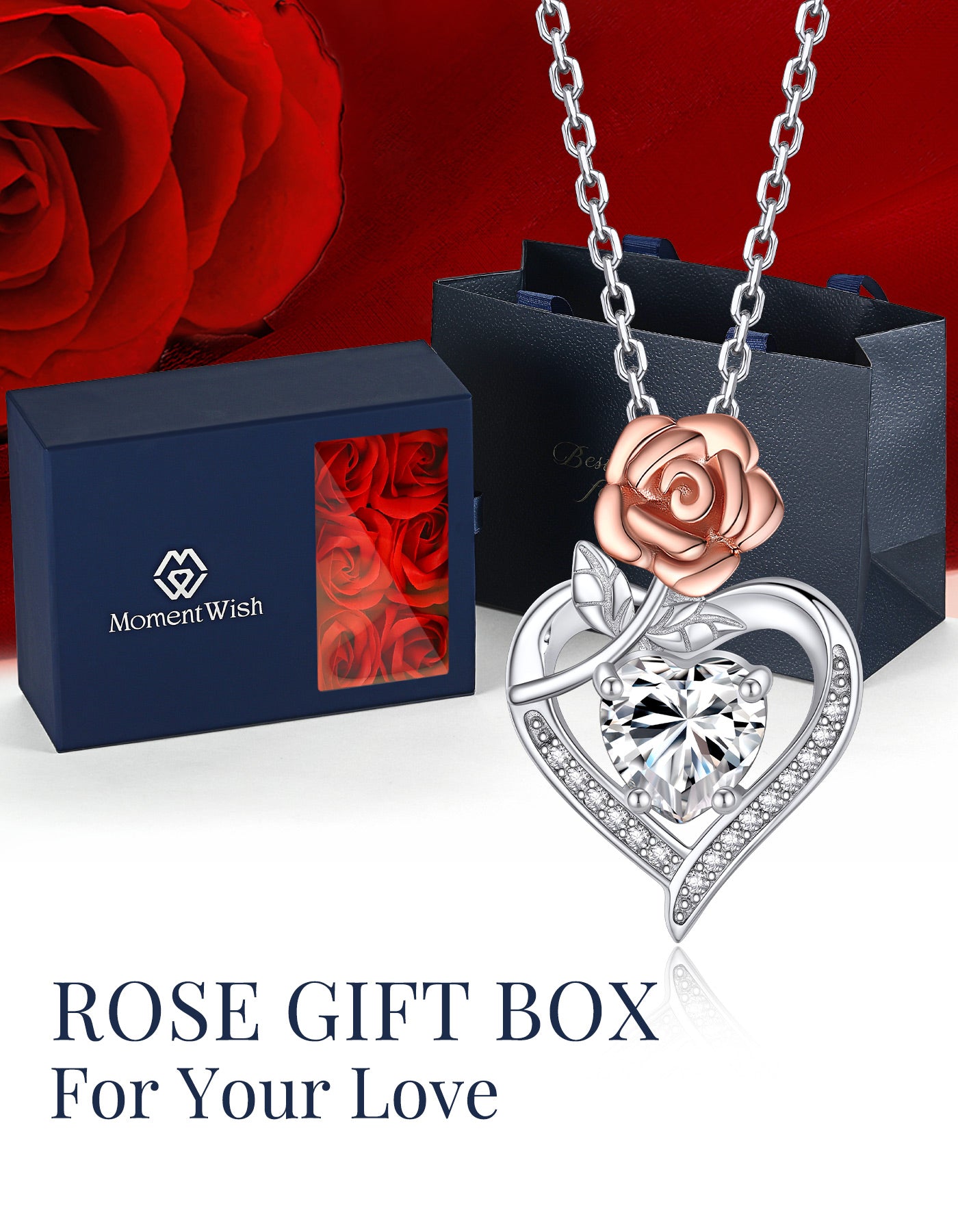MomentWish Heart Moissanite Pendant Necklace With Rose for Women