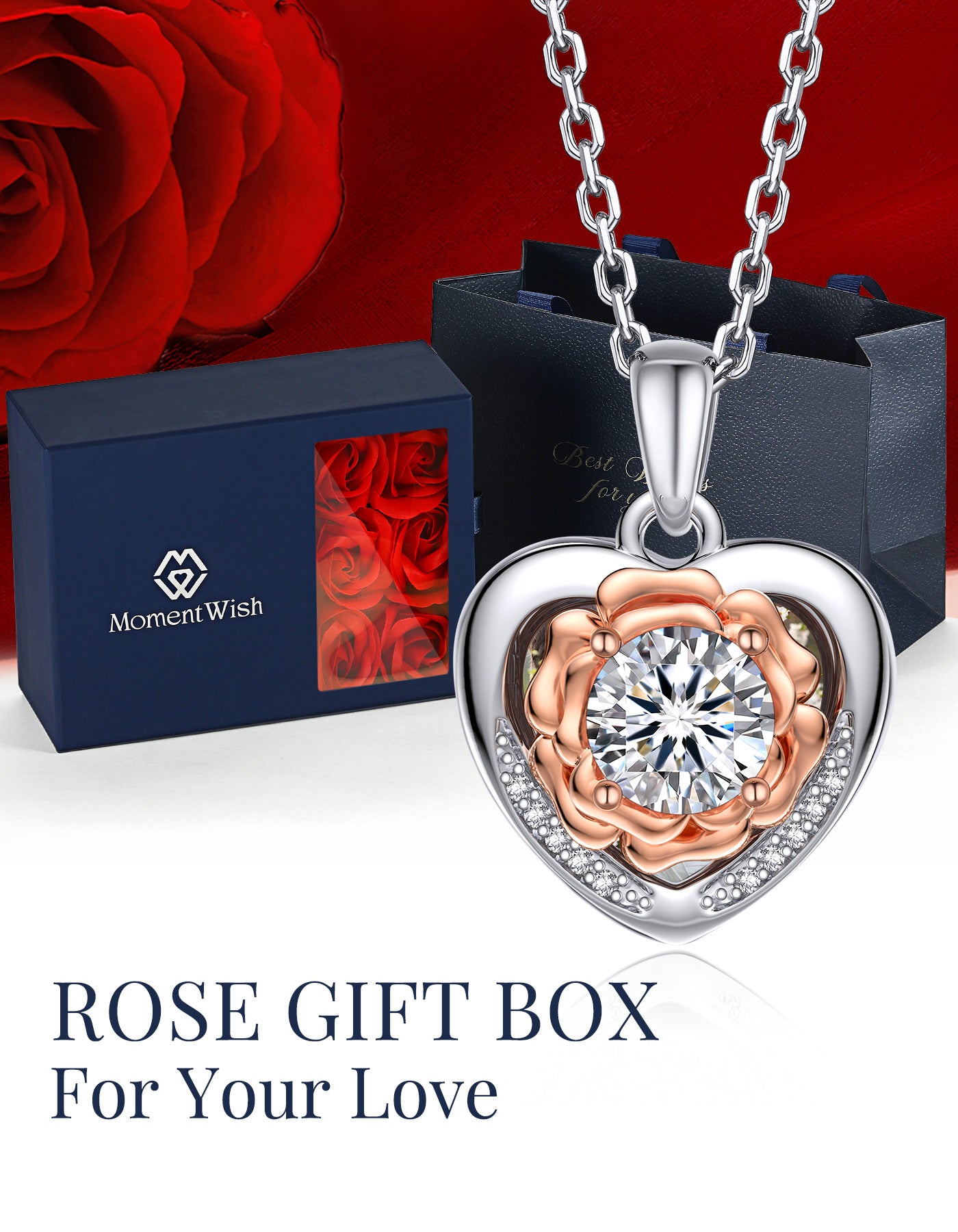 MomentWish Rose Heart Photo Locket Necklace with Moissanite for Women