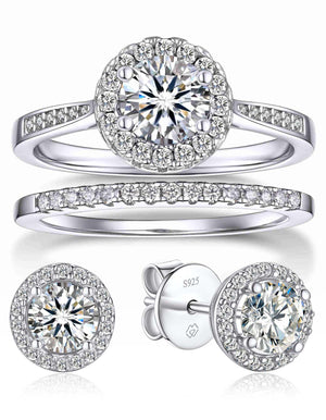 MomentWish Engagement Ring Wedding Band and Moissanite Earrings Set