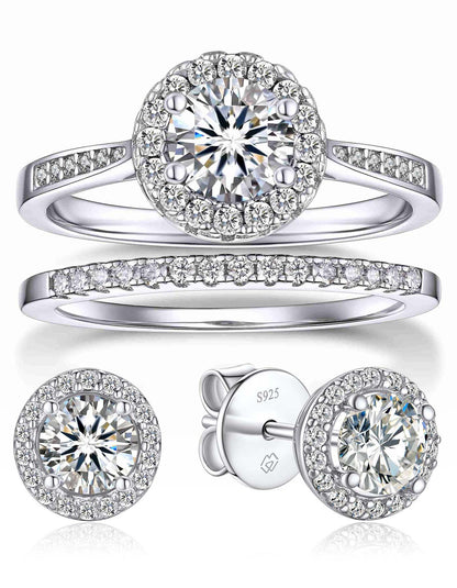MomentWish Engagement Ring Wedding Band and Moissanite Earrings Set