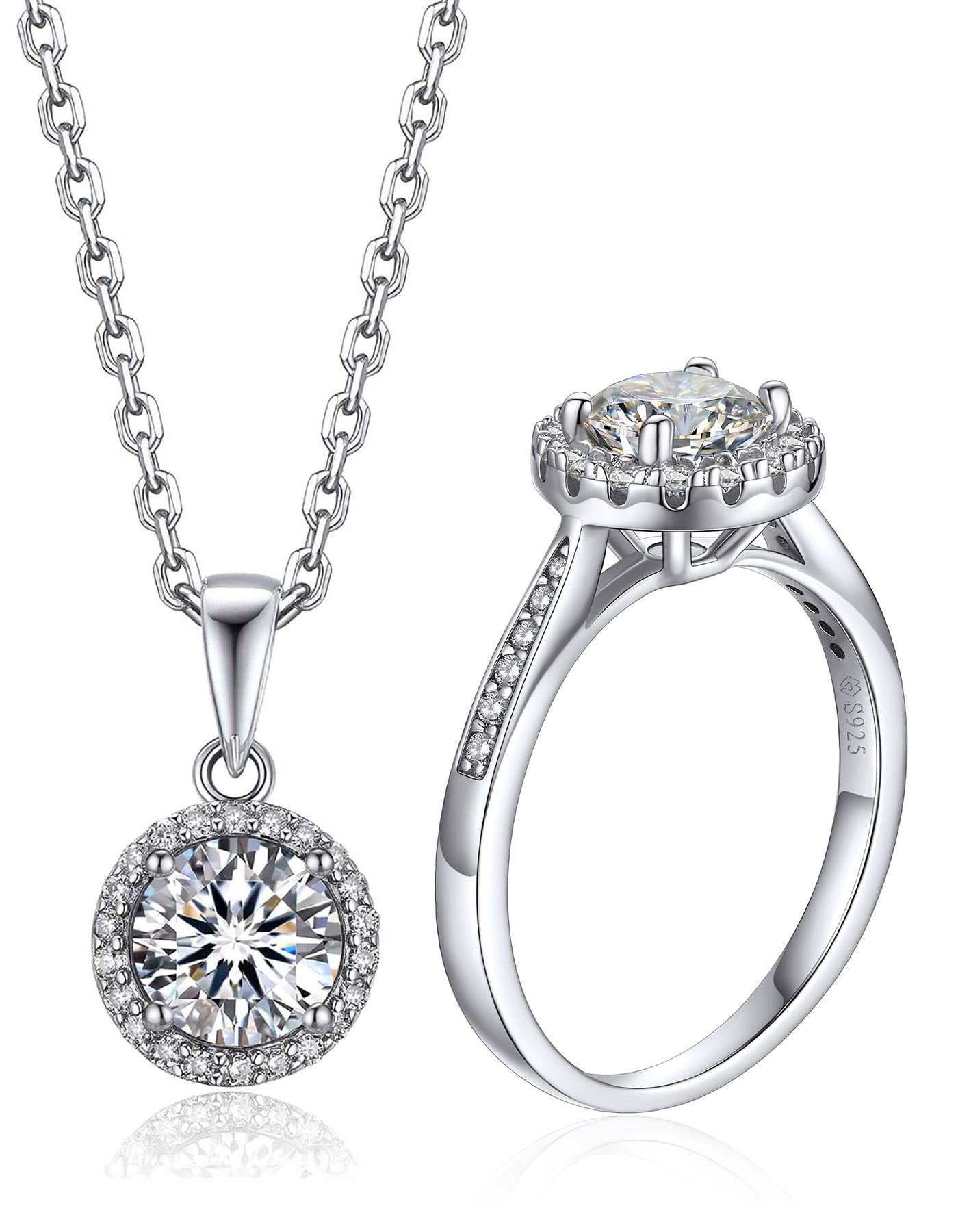 MomentWish Halo Moissanite Necklace and Ring Set For Women