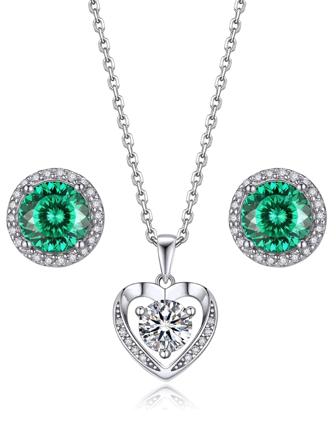 MomentWish Moissanite Heart Necklace and May Birthstone Earrings