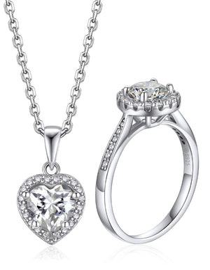 MomentWish Moissanite Heart Pendant Necklace and Halo Engagement Ring