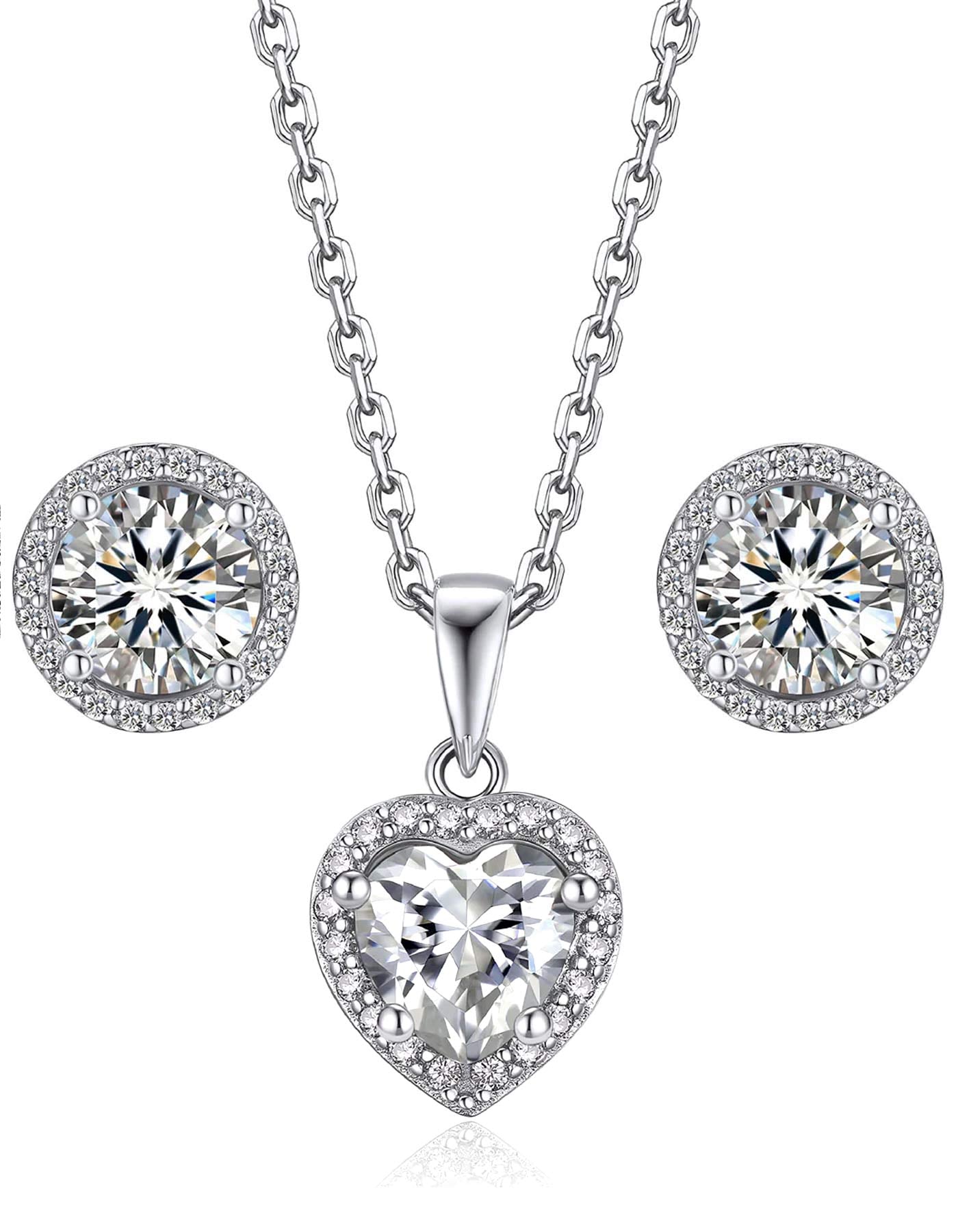 MomentWish Moissanite Heart Pendant Necklace and Halo Stud Earrings