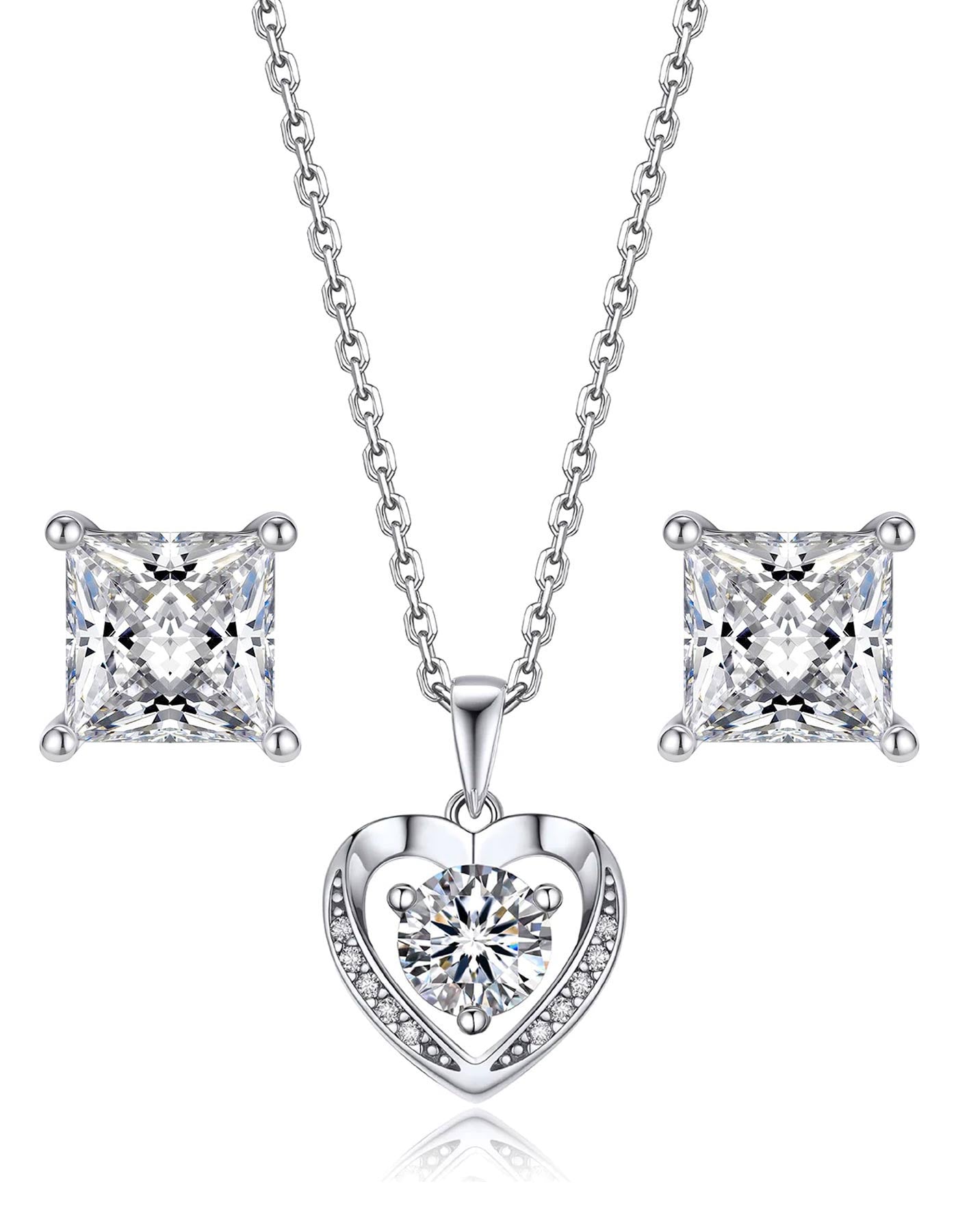 MomentWish Moissanite Heart Pendant Necklace and Princess Cut Earrings