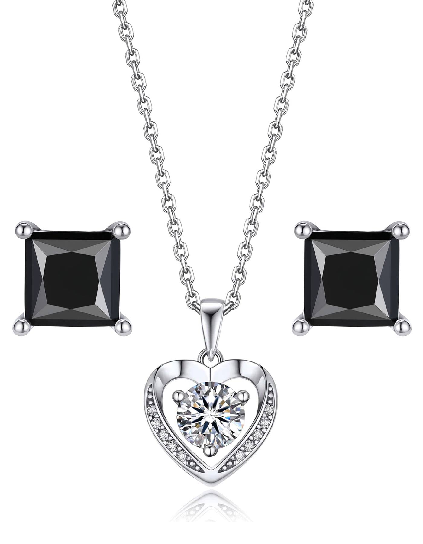 MomentWish Moissanite Heart Necklace and Black Princess Cut Earrings