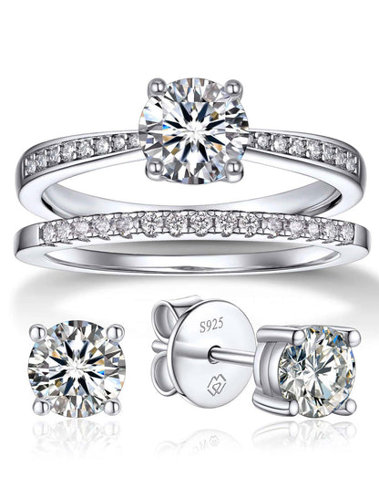 MomentWish Promise Rings for her and Wedding Band and Moissanite Earrings